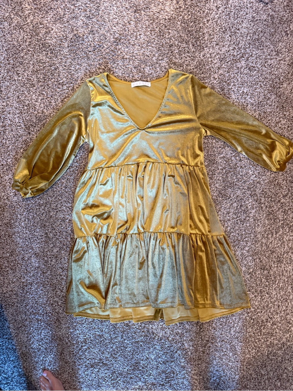 Velvet Tiered Gold Dress with V-Neck